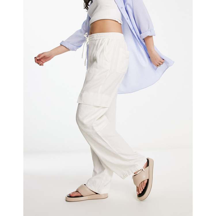 Soft Surroundings 100% Linen White Pull-on Wide Leg Cargo Pants Size Small  