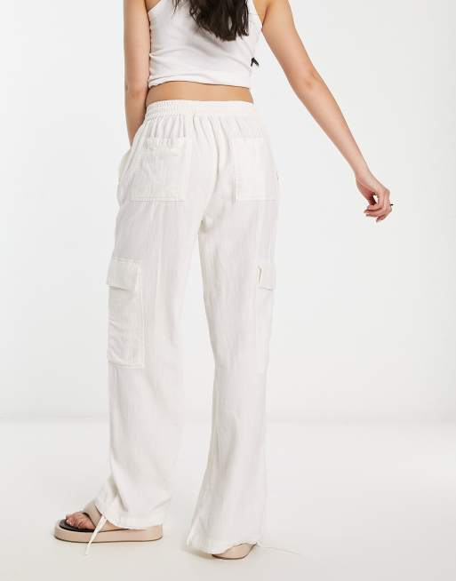 ASOS DESIGN pull on cargo pants with linen in off white, 3 of 4