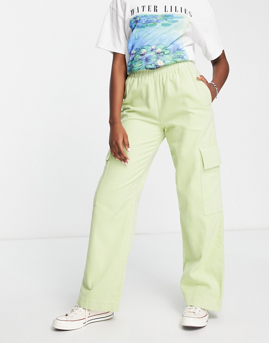 ASOS DESIGN pull on cord wide leg pants with patch pockets in lime-Green