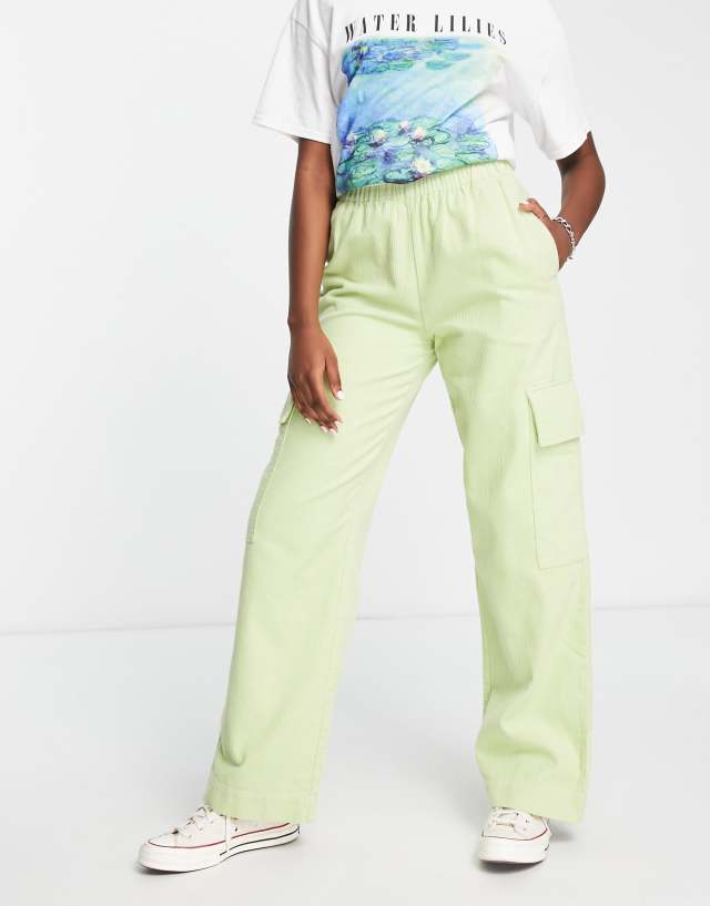 ASOS DESIGN pull on cord wide leg pants with patch pockets in lime