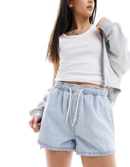 ASOS DESIGN pull on denim shorts in lightwash blue