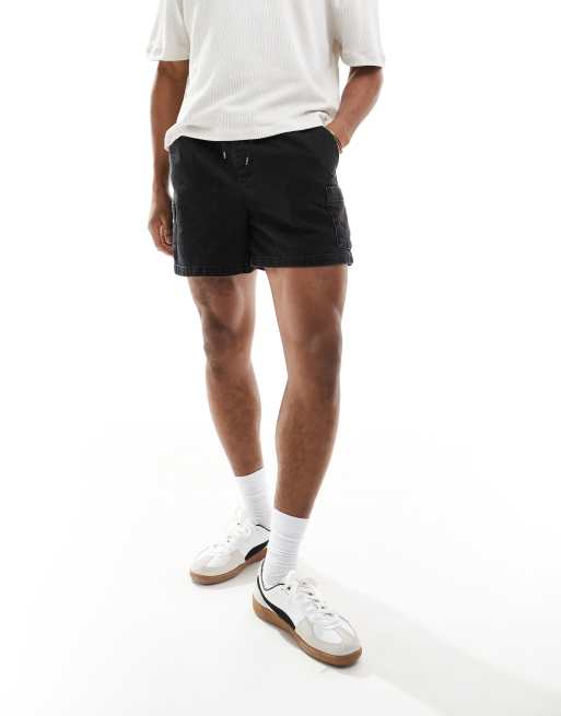 ASOS DESIGN - Pull-on-denimshorts med korte, vide ben i vasket sort i cargostil