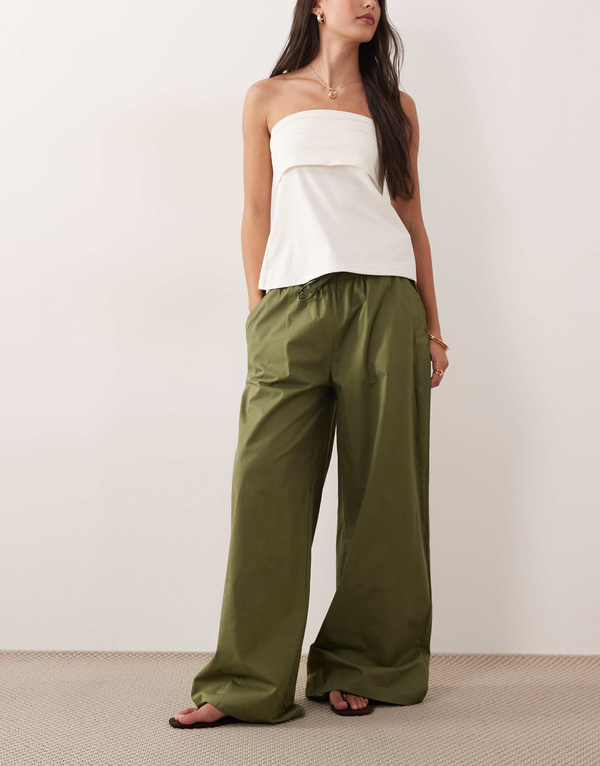 asos design pull-on drawstring waist wide leg pants in olive