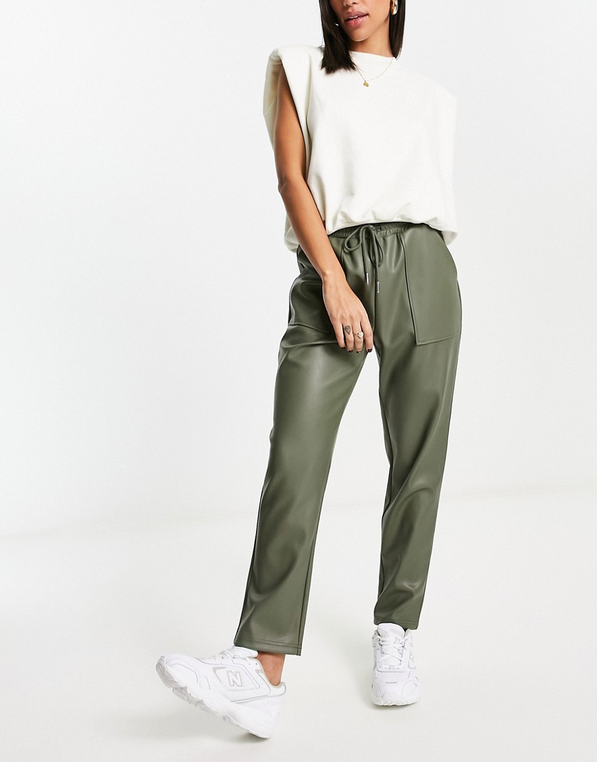 ASOS DESIGN pull on faux leather jogger in khaki-Green