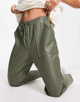 ASOS DESIGN pull on faux leather jogger in olive