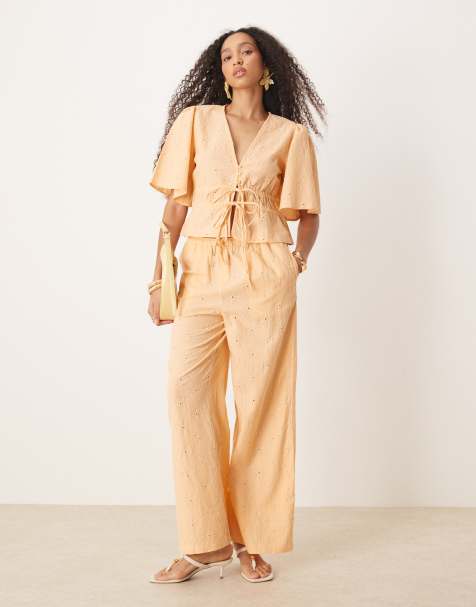ASOS DESIGN pull on floral embroidery pants in apricot (part of a set) - view 1