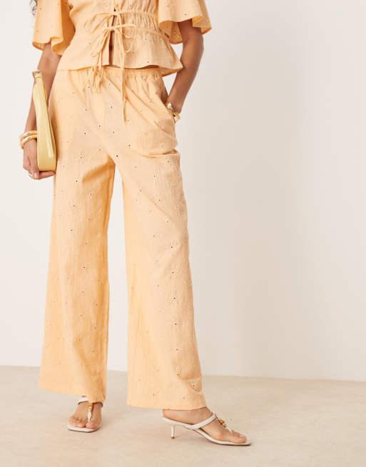 ASOS DESIGN pull on floral embroidery pants in apricot - part of a set