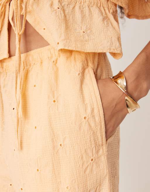 ASOS DESIGN pull on floral embroidery pants in apricot - part of a set, 3 of 4