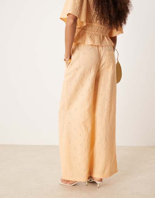 ASOS DESIGN pull on floral embroidery pants in apricot - part of a set