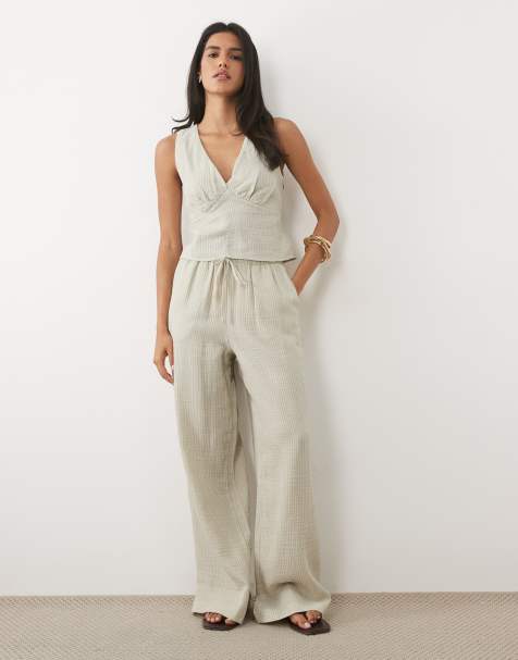 ASOS DESIGN Pull-on-Hose mit weitem Bein in Grün mit gewaschenem Streifenmuster, Kombiteil - view 1