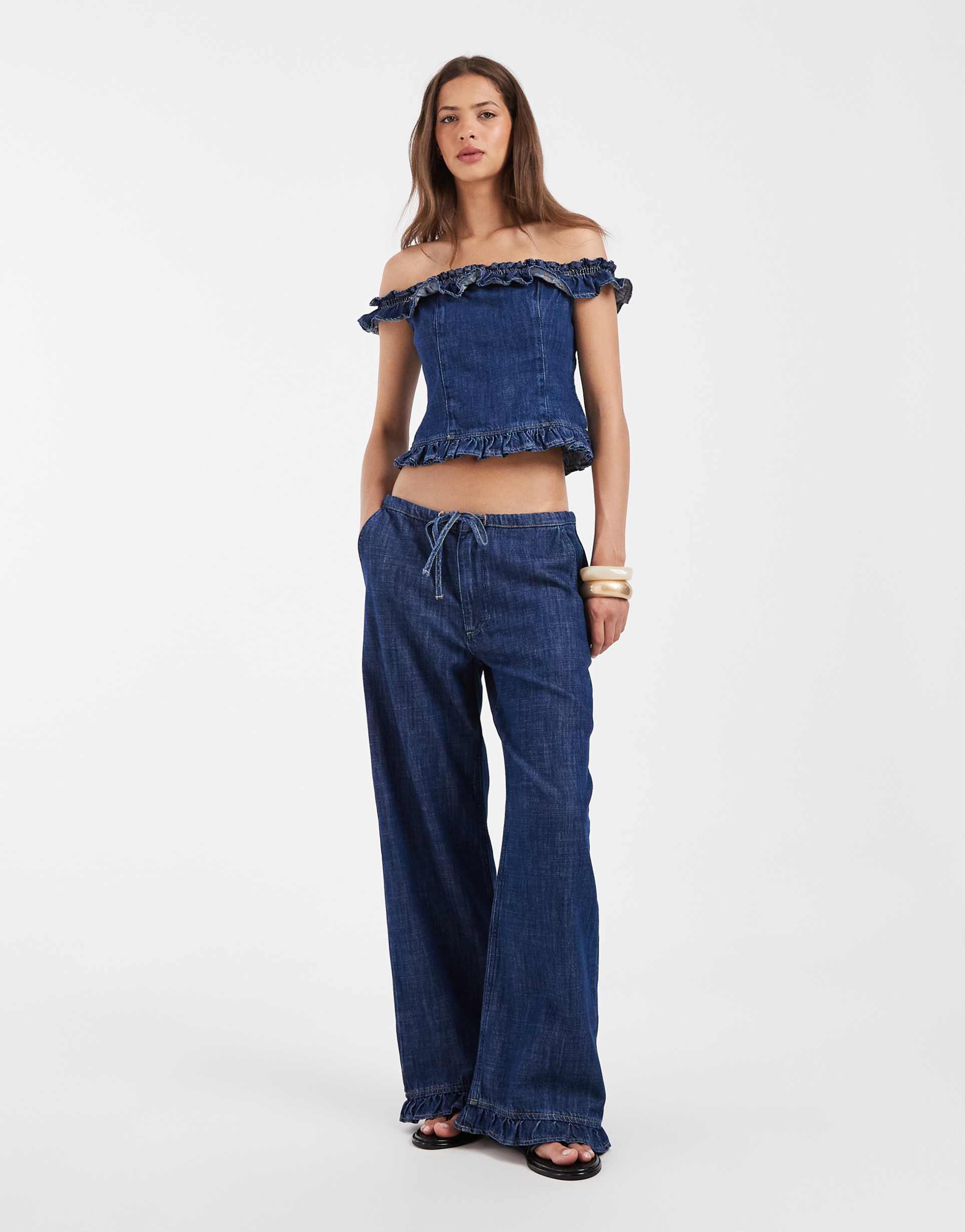 ASOS DESIGN pull-on jeans with ruffle in mid blue - part of a set