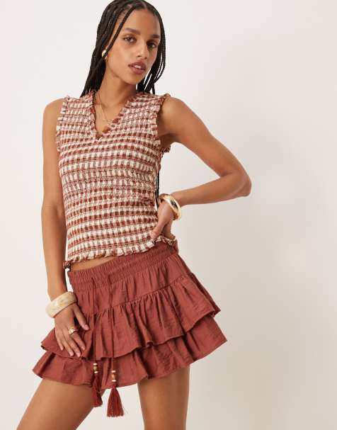 ASOS DESIGN pull on knicker shorts with ruffle detail in rust - view 1
