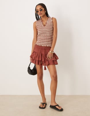 Asos Design Pull On Knicker Shorts With Ruffle Detail In Brown