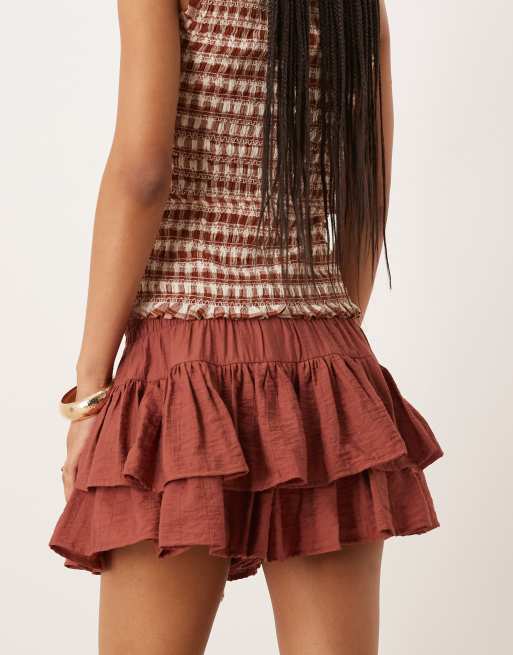 ASOS DESIGN pull on knicker shorts with ruffle detail in rust, 5 of 5