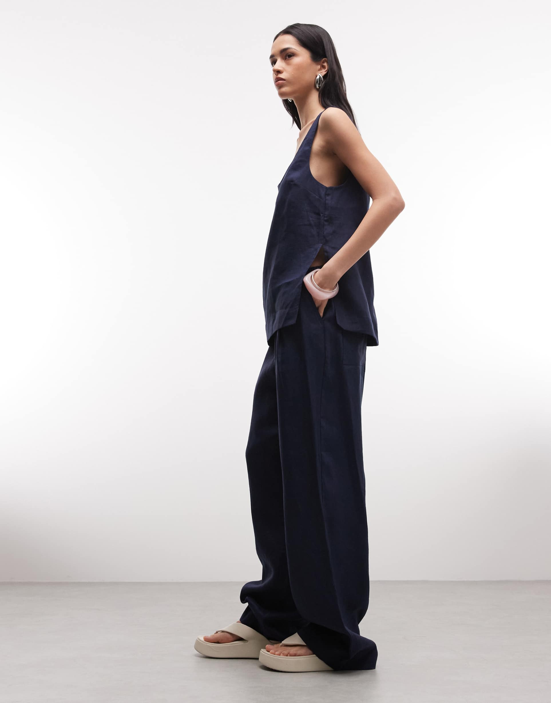 asos design pull on linen look pants in navy