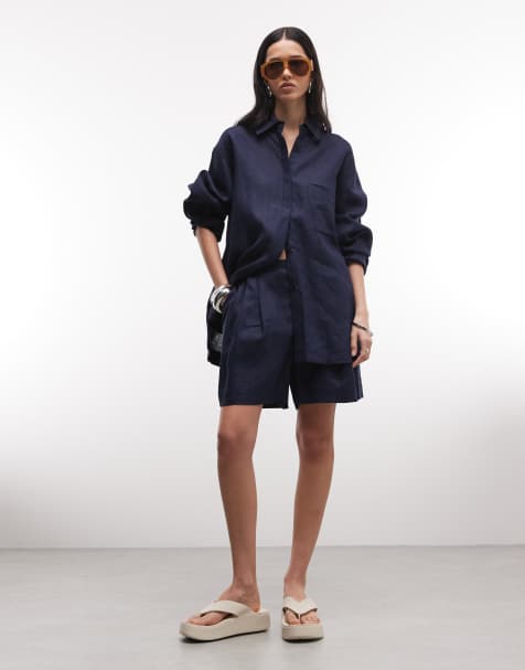 ASOS DESIGN pull on linen look shorts in navy - view 1