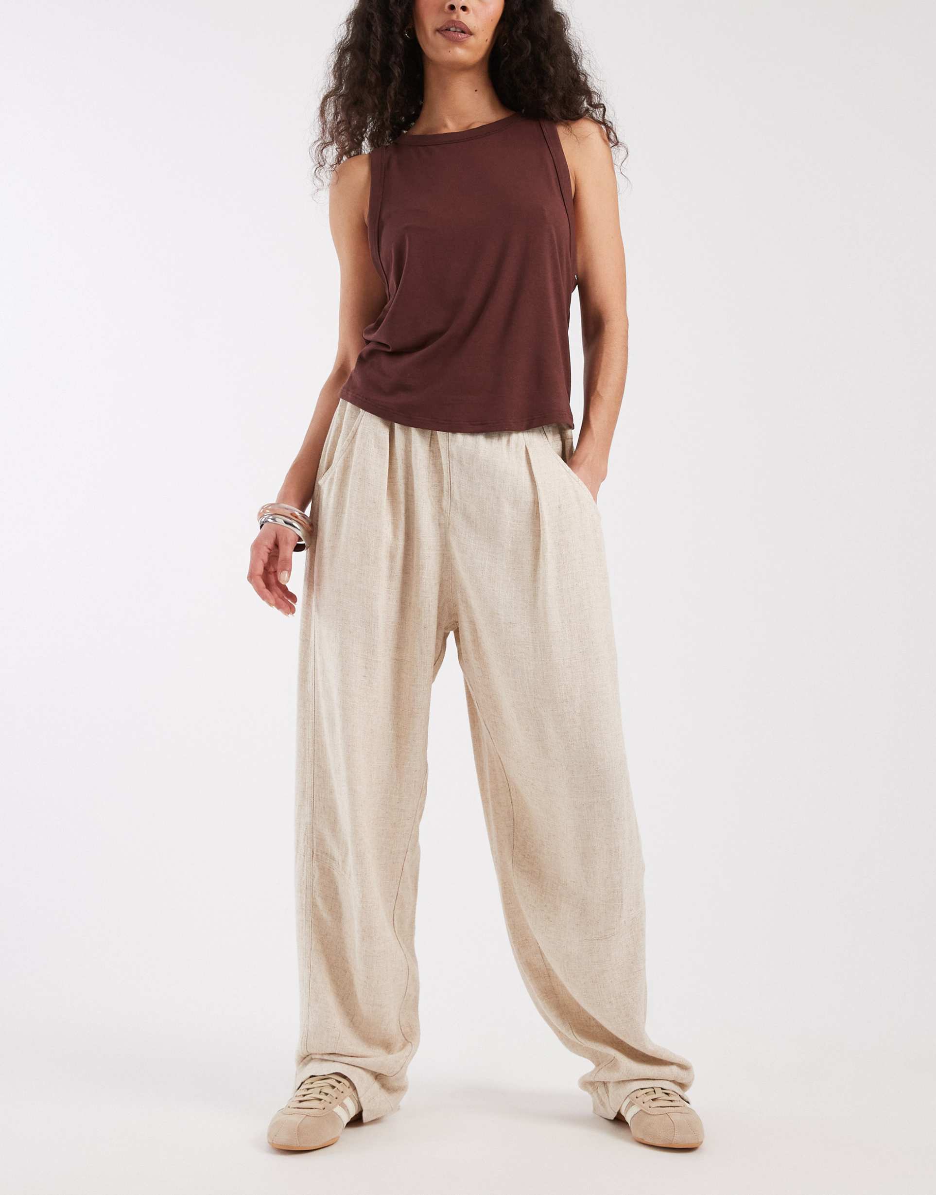 asos design pull on linen look twill utility pants in natural