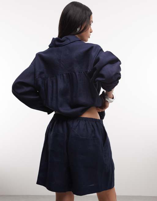 ASOS DESIGN pull on linen shorts in navy, 5 of 5