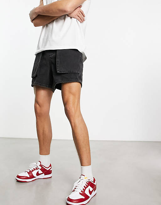 ASOS DESIGN pull on mid length denim shorts with cargo pockets in washed  black