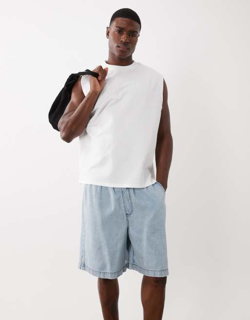 ASOS DESIGN pull on mid length linen blend denim jort in light wash blue, 2 of 5