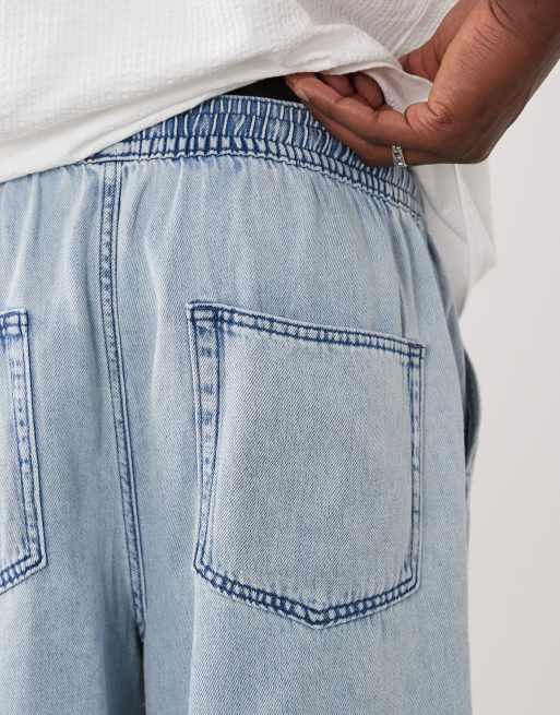 ASOS DESIGN pull on mid length linen blend denim jort in light wash blue, 3 of 5