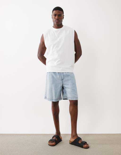 ASOS DESIGN pull on mid length linen blend denim jort in light wash blue, 4 of 5