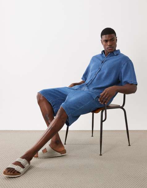 ASOS DESIGN pull on mid length linen look denim jorts in mid wash blue - part of a set - view 1