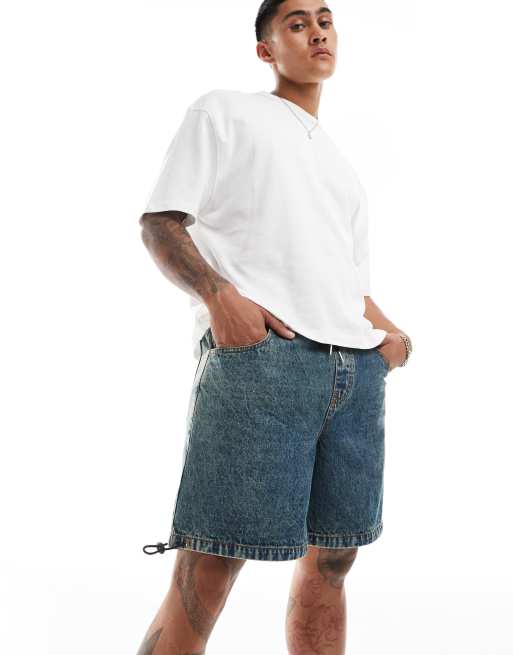 ASOS DESIGN pull on mid length wide cargo denim shorts in mid wash blue ASOS
