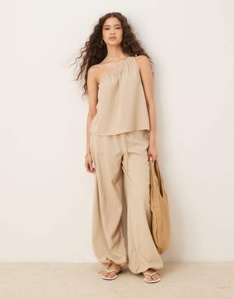 ASOS DESIGN pull-on palazzo pants in stone (Part of a set) - view 1