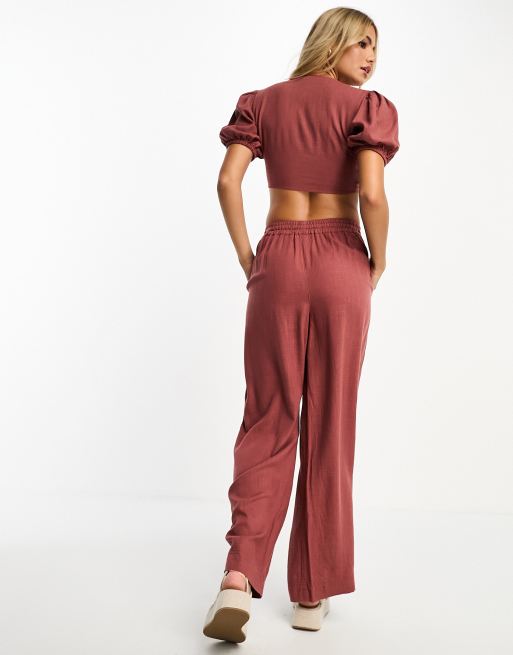 ASOS DESIGN pull on pant with linen in terracotta - part of a set