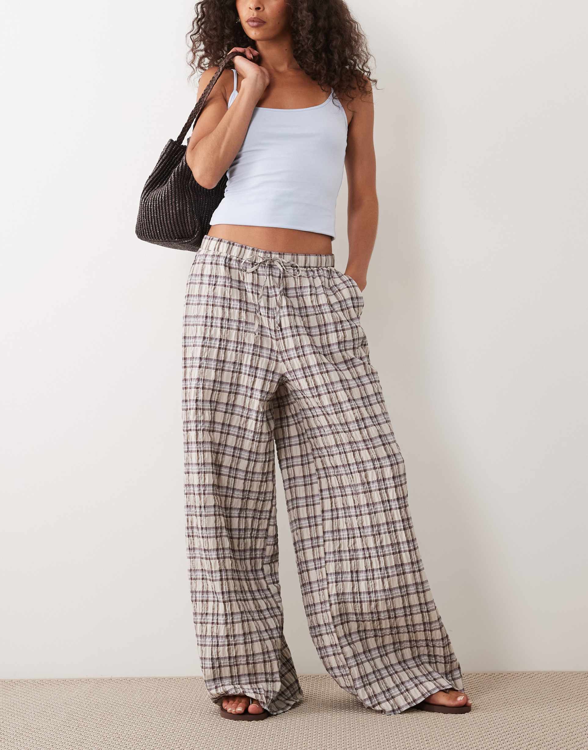 asos design pull on pants in brown plaid - part of a set