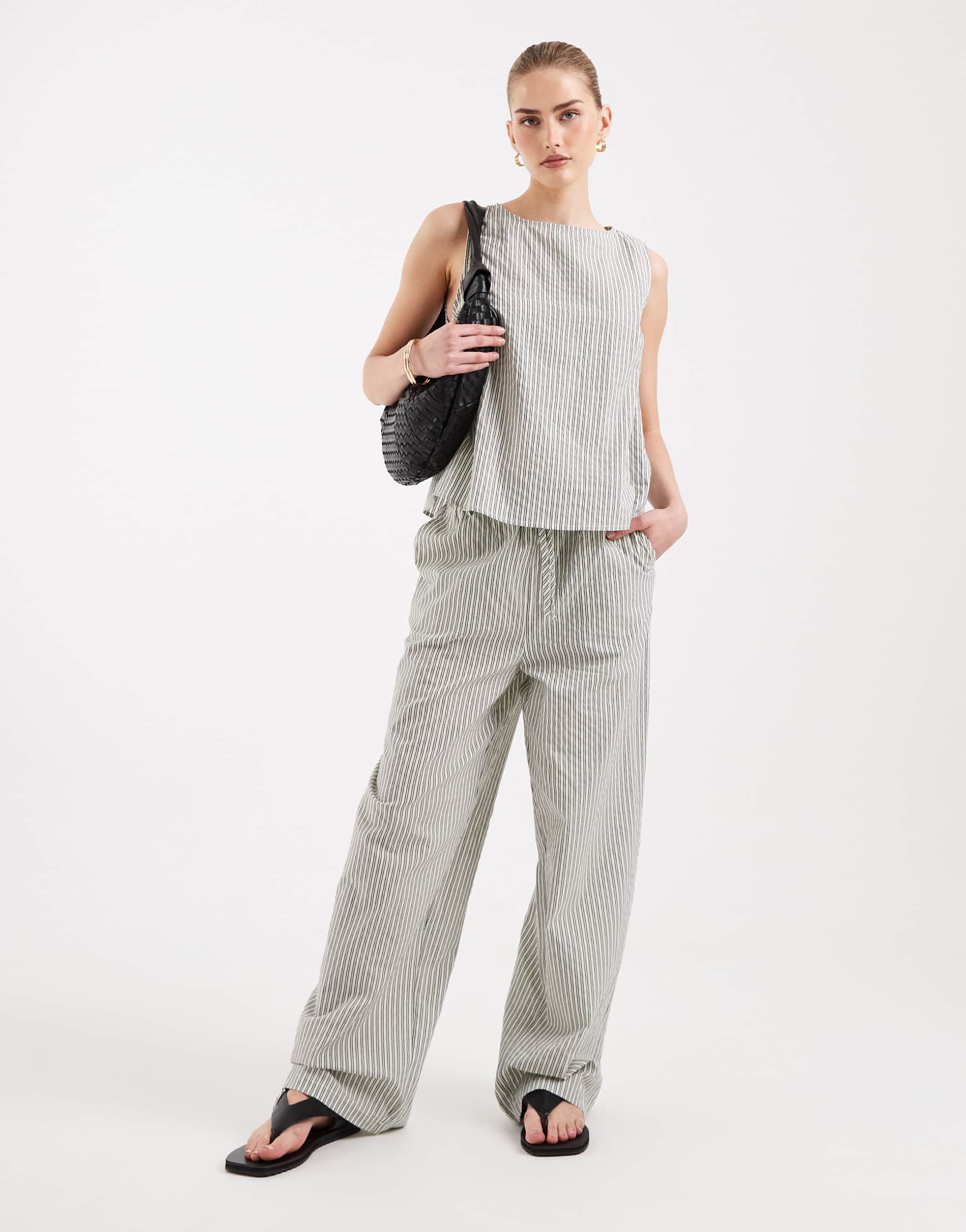 asos design pull on pants in cream stripes - part of a set