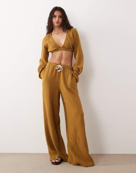 ASOS DESIGN pull-on pants set in cheesecloth with rope tie in olive - view 1