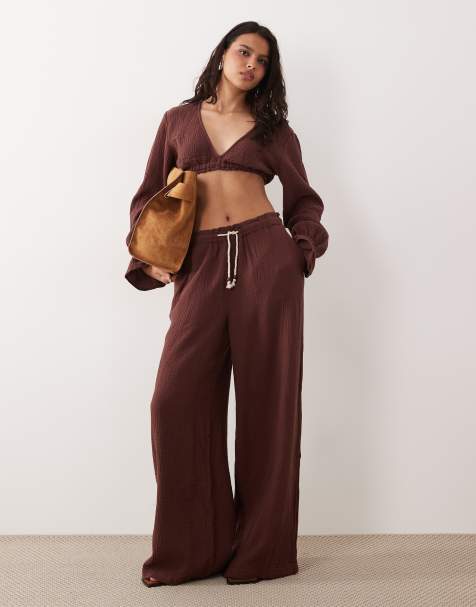ASOS DESIGN pull-on pants set in cheesecloth with rope tie in plum - view 1