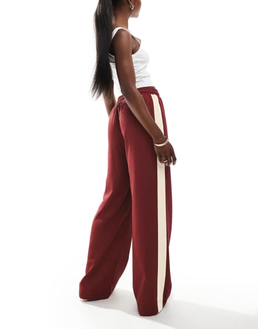 ASOS DESIGN pull on pants with contrast panel in burgundy