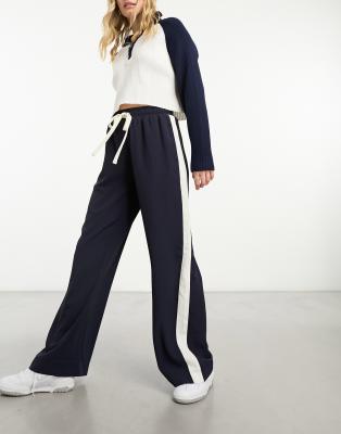 Asos Design Pull On Pants With Contrast Panel In Black-brown In Navy