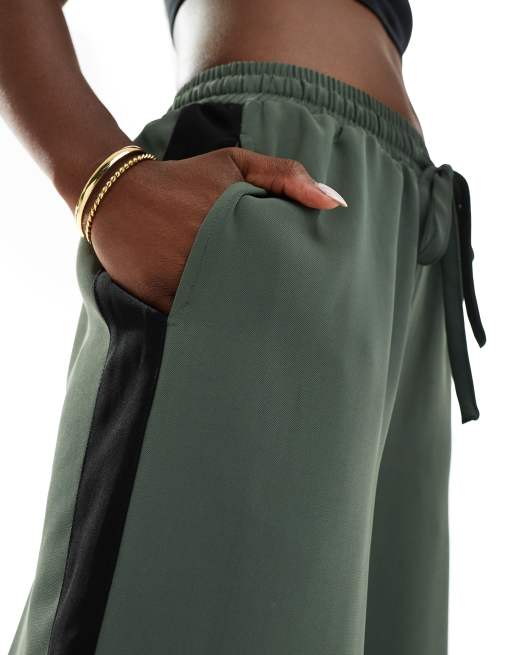 ASOS DESIGN contrast panel wide leg pull on pants in olive