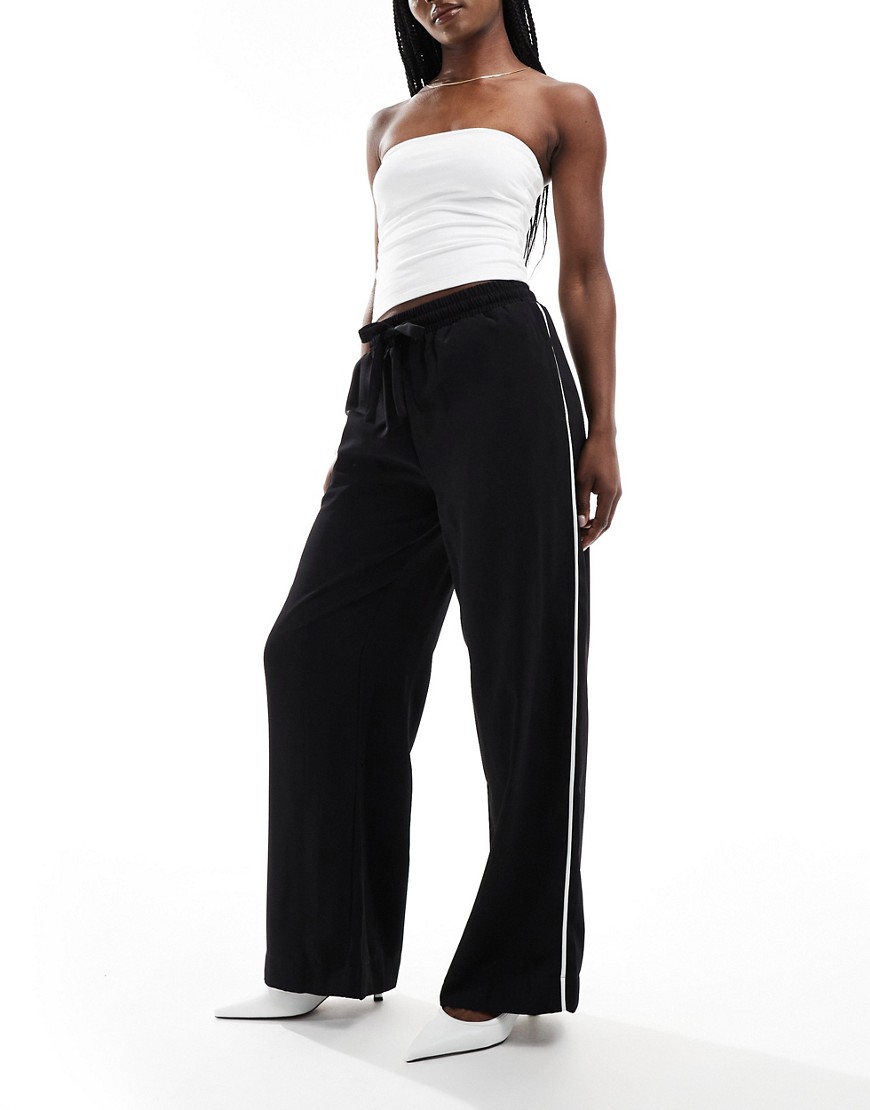 Asos Design Satin Pajama Pants With Piping Detail In Black - Part Of A Set
