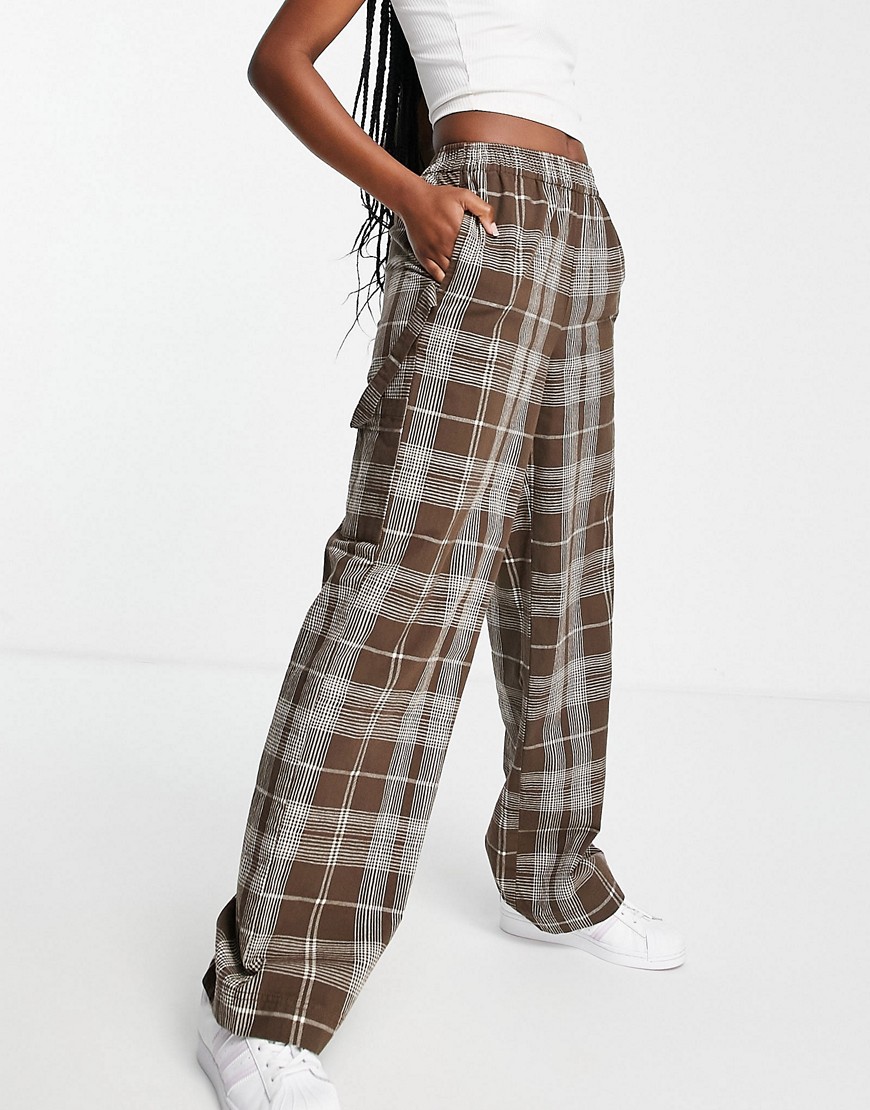 ASOS DESIGN pull on pants with hammer loop in brown check