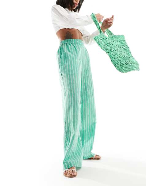 ASOS DESIGN pull on trousers with tab waistband in green stripe 