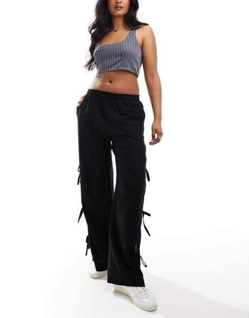 ASOS DESIGN pull on pants with tie side with linen in black