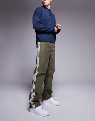 Asos Design Pull On Relaxed Pants In Green Corduroy With Stripe Detail