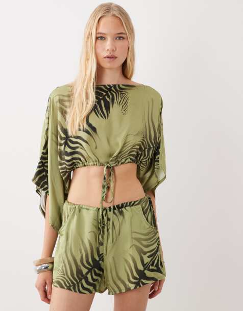 ASOS DESIGN pull on satinshorts i grönt zebratryck, set - view 1