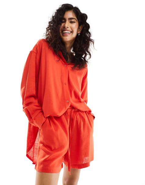 ASOS DESIGN pull on short with linen in red - view 1