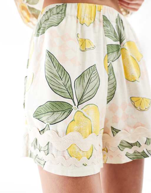 ASOS DESIGN pull on short with rik rak trim in lemon print, 2 of 5