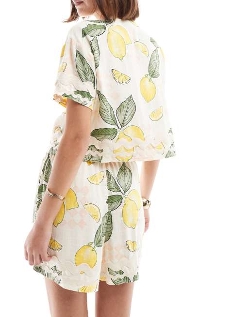 ASOS DESIGN pull on short with rik rak trim in lemon print, 4 of 5