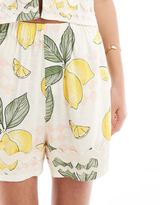 ASOS DESIGN pull on short with rik rak trim in lemon print, 5 of 5
