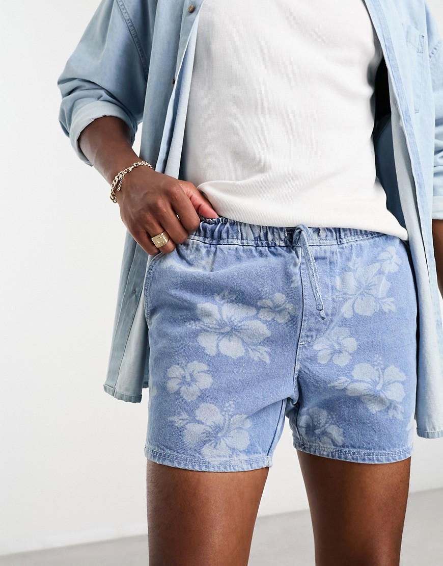 ASOS DESIGN pull on shorter length denim shorts in flower print-Blue
