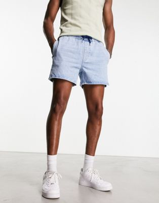 ASOS DESIGN pull on shorter length denim shorts in light wash blue - ASOS Price Checker