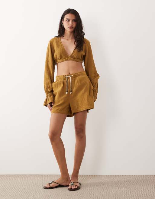 ASOS DESIGN pull on shorts co-ord in cheesecloth with rope tie in olive, 3 of 5